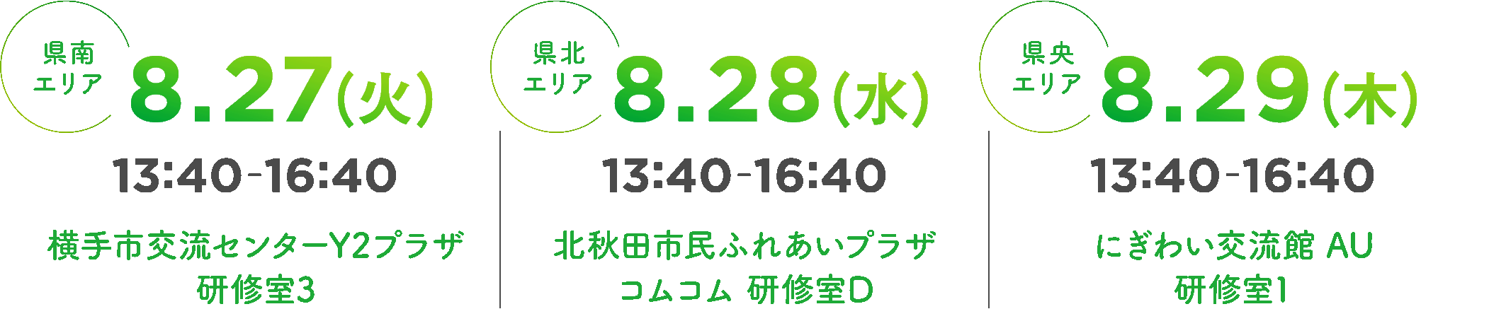 8.27(火)13:40-16:40 横手市交流センターY2プラザ 研修室3／8.28(水)13:40-16:40 北秋田市民ふれあいプラザコムコム 研修室D／8.29(木)13:40-16:40 にぎわい交流館 AU 研修室1